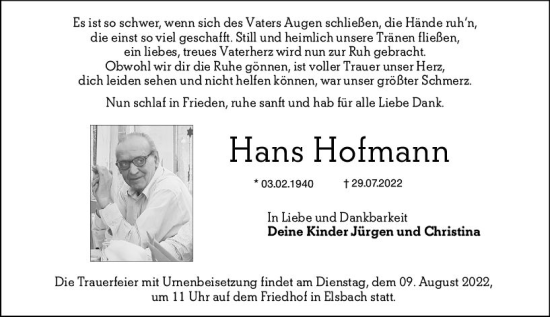 Traueranzeige von Hans Hofmann von vrm-trauer Odenwälder Echo