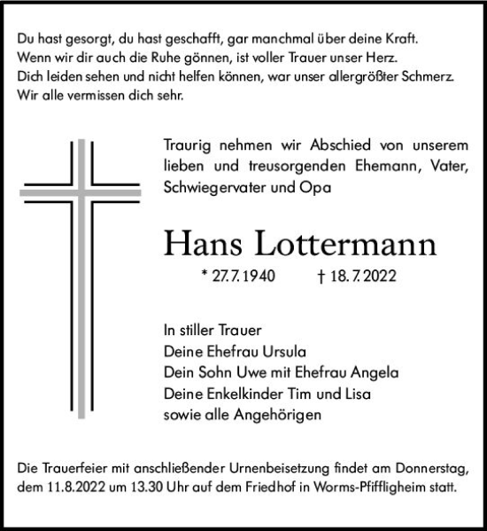 Traueranzeige von Hans Lottermann von vrm-trauer Wormser Zeitung