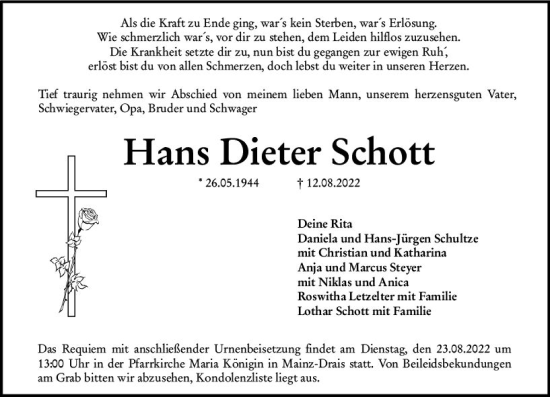 Traueranzeige von Hans Dieter Schott von vrm-trauer AZ Mainz
