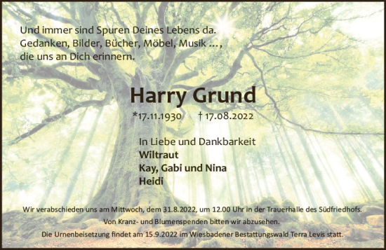 Traueranzeige von Harry Grund von vrm-trauer Wiesbadener Kurier