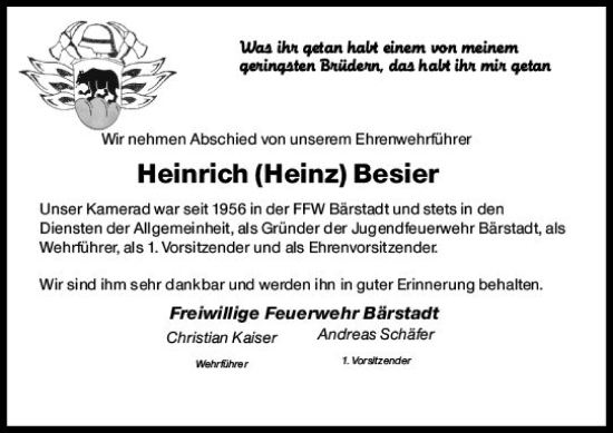 Traueranzeige von Heinrich Besier von vrm-trauer Wiesbadener Kurier