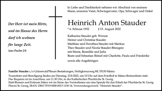 Traueranzeige von Heinrich Anton Stauder von vrm-trauer AZ Mainz