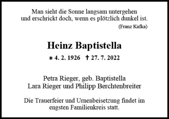 Traueranzeige von Heinz Baptistella von vrm-trauer AZ Mainz