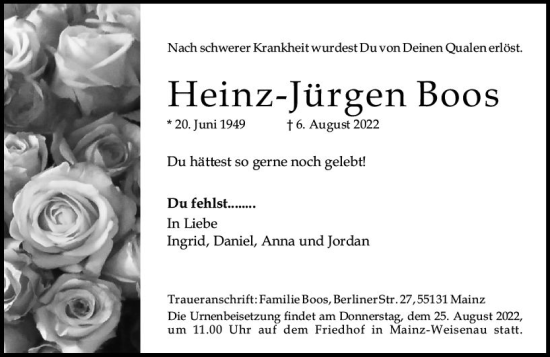 Traueranzeige von Heinz-Jürgen Boos von vrm-trauer AZ Mainz