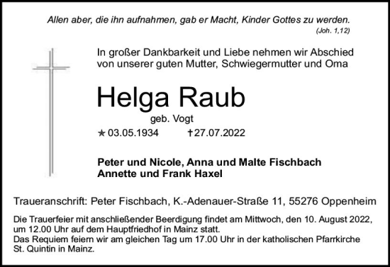 Traueranzeige von Helga Raub von vrm-trauer AZ Mainz