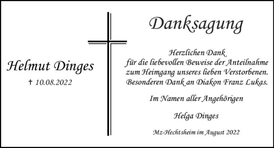 Traueranzeige von Helmut Dinges von vrm-trauer AZ Mainz