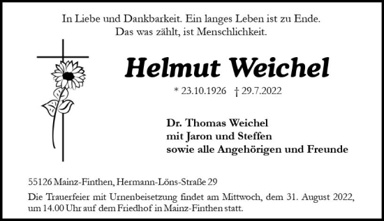 Traueranzeige von Helmut Weichel von vrm-trauer AZ Mainz