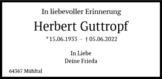 Traueranzeige von Herbert Guttropf von vrm-trauer Darmstädter Echo