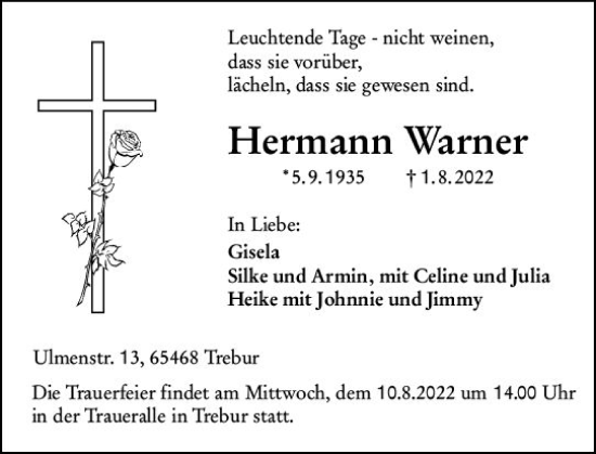 Traueranzeige von Hermann Warner von vrm-trauer Groß-Gerauer Echo