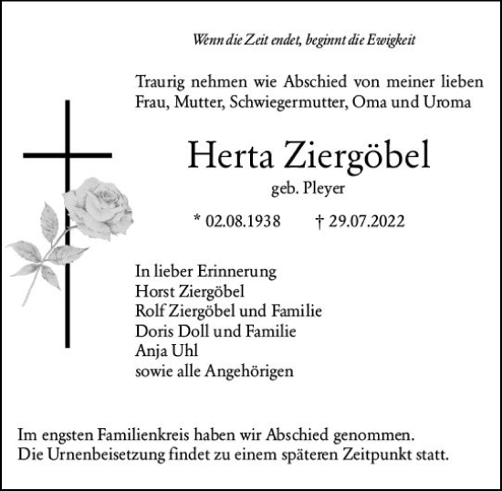 Traueranzeige von Herta Ziergöbel von vrm-trauer Darmstädter Echo