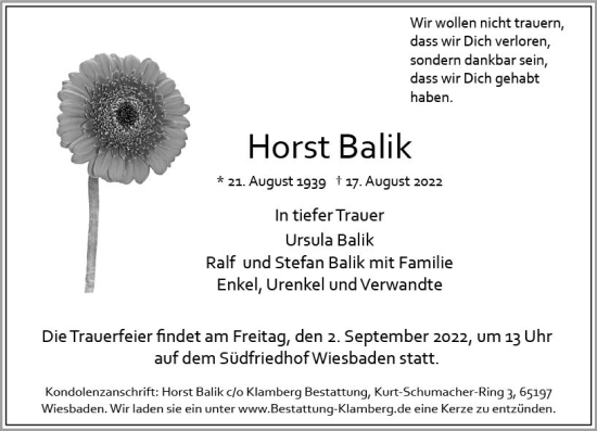 Traueranzeige von Horst Balik von vrm-trauer Wiesbadener Kurier