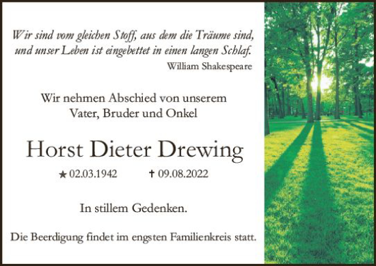 Traueranzeige von Horst Dieter Drewing von vrm-trauer AZ Mainz