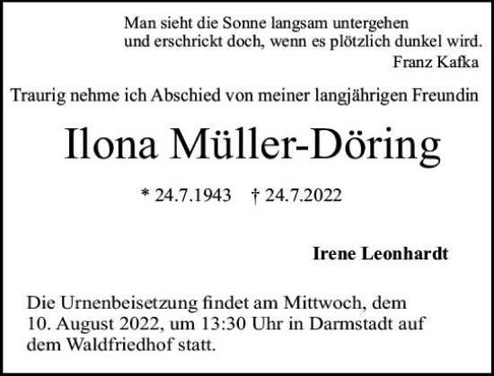 Traueranzeige von Ilona Müller-Döring von vrm-trauer Darmstädter Echo