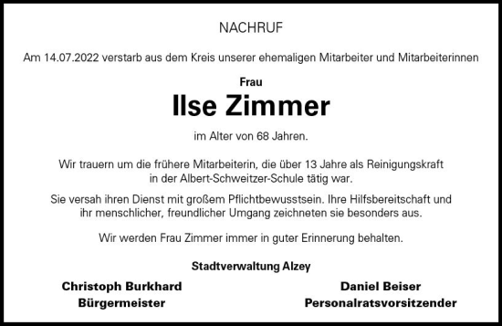 Traueranzeige von Ilse Zimmer von vrm-trauer Allgemeine Zeitung Alzey