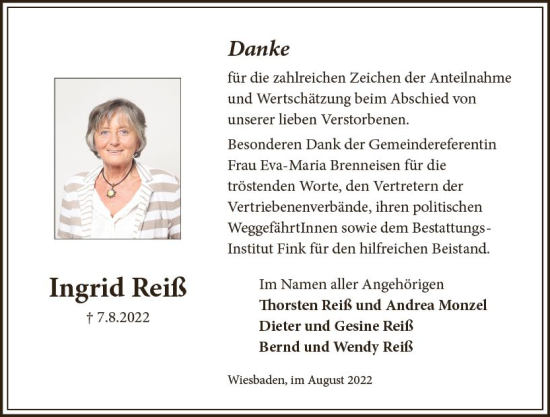 Traueranzeige von Ingrid Reiß von vrm-trauer Wiesbadener Kurier