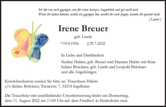 Traueranzeige von Irene Breuer von vrm-trauer Allgemeine  Zeitung Ingelheim-Bingen