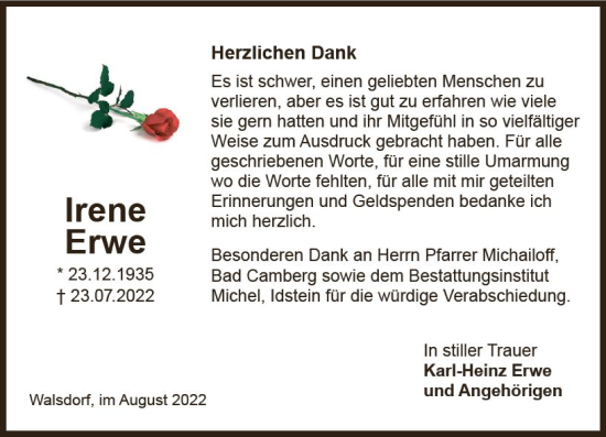 Traueranzeige von Irene Erwe von vrm-trauer Idsteiner Zeitung