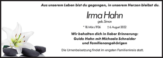 Traueranzeige von Irma Hahn von vrm-trauer Darmstädter Echo