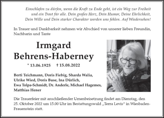 Traueranzeige von Irmgard Behrens-Haberney von vrm-trauer Wiesbadener Kurier
