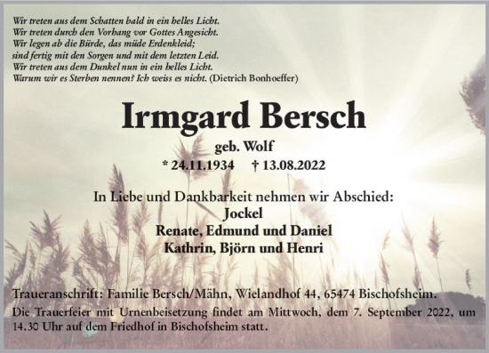 Traueranzeige von Irmgard Bersch von vrm-trauer Rüsselsheimer Echo / MainSpitze