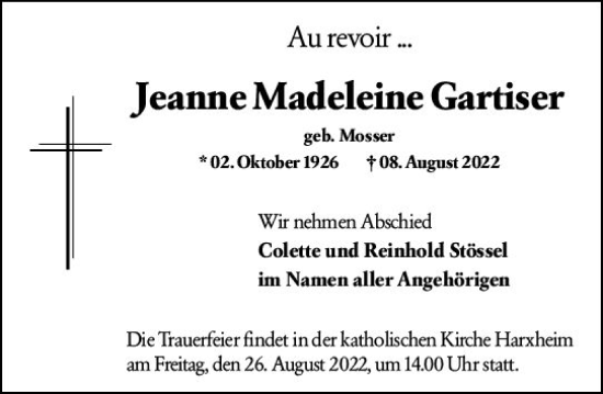 Traueranzeige von Jeanne Madeleine Galeser von vrm-trauer AZ Mainz