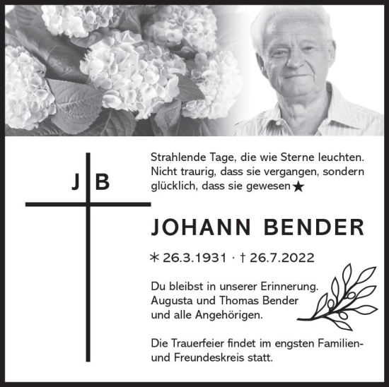 Traueranzeige von Johann Bender von vrm-trauer Rüsselsheimer Echo / MainSpitze