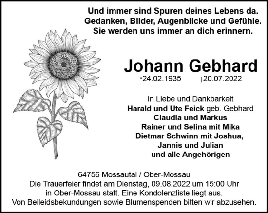 Traueranzeige von Johann Gebhard von vrm-trauer Odenwälder Echo