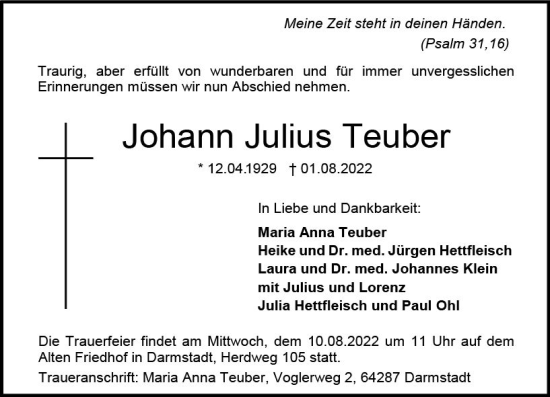 Traueranzeige von Johann Julius Teuber von vrm-trauer Darmstädter Echo