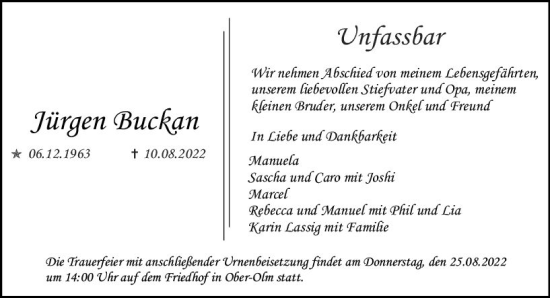 Traueranzeige von Jürgen Buckan von vrm-trauer AZ Mainz