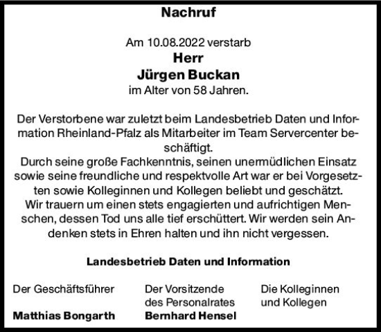 Traueranzeige von Jürgen Buckan von vrm-trauer AZ Mainz