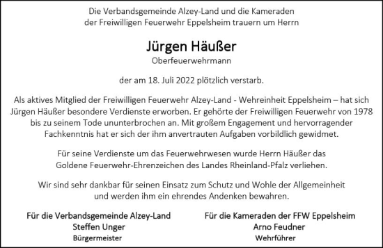 Traueranzeige von Jürgen Häußer von vrm-trauer Allgemeine Zeitung Alzey
