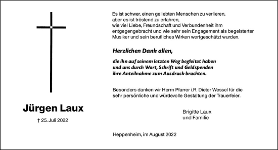 Traueranzeige von Jürgen Laux von vrm-trauer Bergsträßer Anzeiger