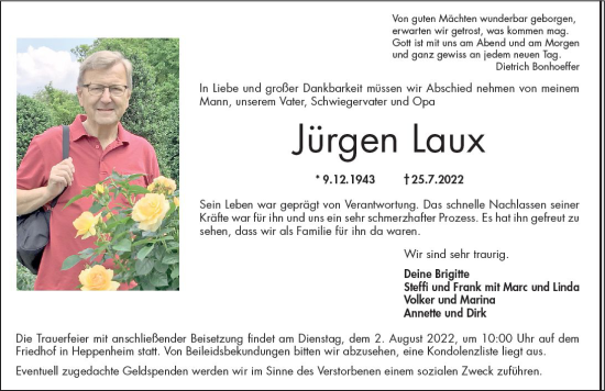 Traueranzeige von Jürgen Laux von vrm-trauer Bürstädter/Lamperth. Ztg/Starkenburger
