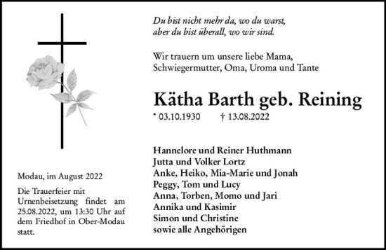 Traueranzeige von Kätha Barth von vrm-trauer Darmstädter Echo