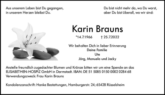 Traueranzeige von Karin Brauns von vrm-trauer Rüsselsheimer Echo / MainSpitze