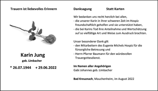 Traueranzeige von Karin Jung von vrm-trauer Allgemeine Zeitung Alzey