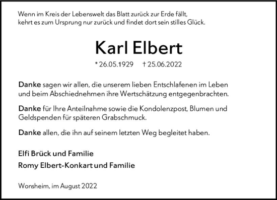 Traueranzeige von Karl Eiben von vrm-trauer Allgemeine Zeitung Alzey