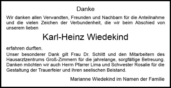 Traueranzeige von Karl-Heinz Wiedekind von vrm-trauer DieburgerAnzeiger/Groß-Zimmerner Lokala
