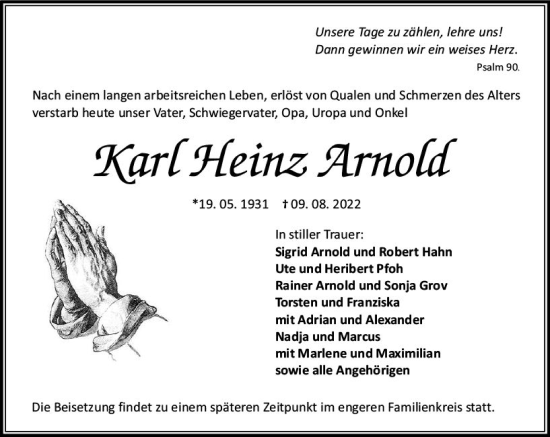 Traueranzeige von Karl Heinz Arnold von vrm-trauer Allgemeine  Zeitung Ingelheim-Bingen