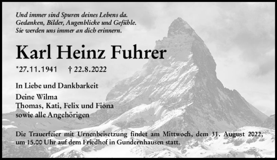 Traueranzeige von Karl Heinz Fuhrer von vrm-trauer Darmstädter Echo