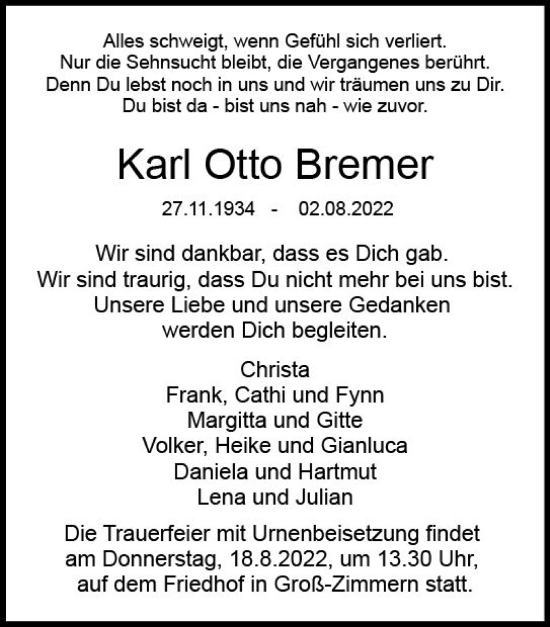 Traueranzeige von Karl Otto Bremer von vrm-trauer DieburgerAnzeiger/Groß-Zimmerner Lokala