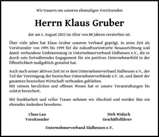 Traueranzeige von Klaus Gruber von vrm-trauer Darmstädter Echo