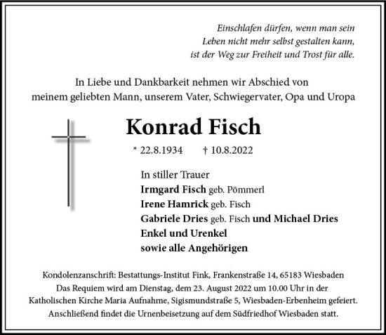 Traueranzeige von Konrad Fisch von vrm-trauer Wiesbadener Kurier
