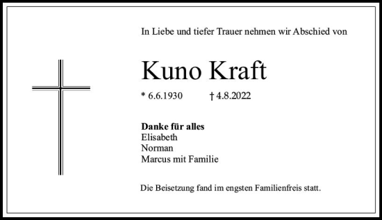 Traueranzeige von Kuno Kraft von vrm-trauer AZ Mainz