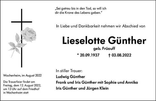 Traueranzeige von Lieselotte Günther von vrm-trauer Wormser Zeitung