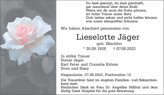 Traueranzeige von Lieselotte Jäger von vrm-trauer Bürstädter/Lamperth. Ztg/Starkenburger