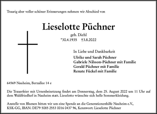 Traueranzeige von Lieselotte Püchner von vrm-trauer Groß-Gerauer Echo