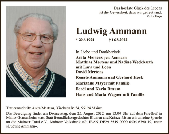 Traueranzeige von Ludwig Ammann von vrm-trauer AZ Mainz
