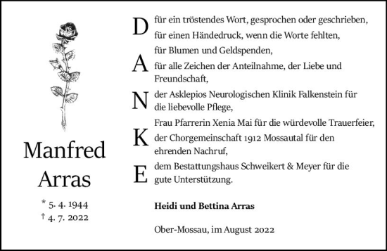 Traueranzeige von Manfred Arras von vrm-trauer Odenwälder Echo