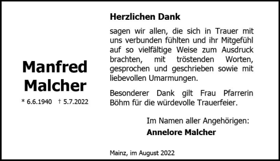 Traueranzeige von Manfred Malcher von vrm-trauer AZ Mainz